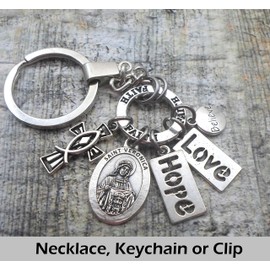 Saint Veronica Keychain, Clip or Necklace. Patron St. of Photography. Divine Messenger Help. Personalize with Initial and or Birthstone Crystal. Lovely Unisex Gift.