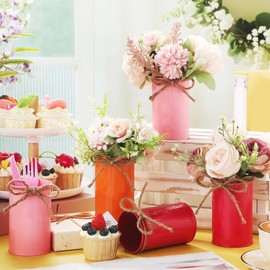 Domensi 4.33 Inch High Farmhouse Vase Decor Vintage Flower Vase with Twine Bow Rustic Galvanized Metal Buckets for Artificial Flowers for Table Centerpiece Weddings Home (Orange, Fuchsia, Pink,12 Pcs)