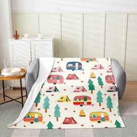 Colorful All Season Camper Bed Blanket - Happy Camping Plush Throw for Sofa, Couch, Kids, RV - Flannel Fleece Cartoon Car Farmhouse Trailers Baby Blanket 30"x40"