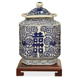 China Furniture Online Porcelain Tea Jar, Blue and White Double Happiness Motif