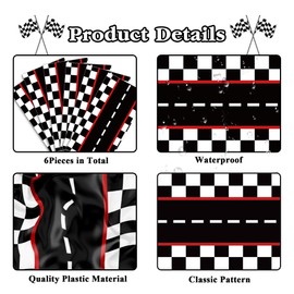 6 Pcs Plastic Racing Car Table Runners 14" x 108" Racing Car Party Decoration Black Checkered Flag Disposable Table Runner for Black Checkered Flag Theme Birthday Party Supplies
