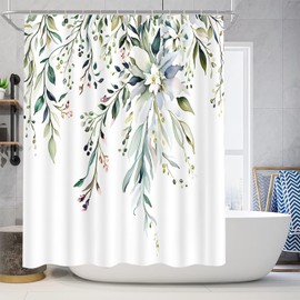 youyouplus Elegant Floral Shower Curtain for Bathroom -70.8x70.8 Inches,Watercolor Plant Green Leaves Waterproof, Washable Fabric with 12 Extra Hooks.