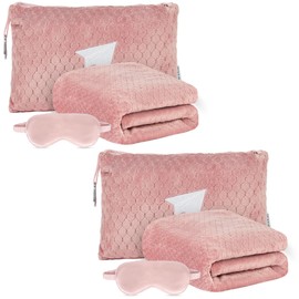 Plush & Plaid 2-Pack Travel Blanket Airplane Compact with Bag, Mid-Weight Soft Throw Blanket Pillow for Long/Short Flight, Portable Packable with Luggage Sleeve and Backpack Clip, 40x65, Pink