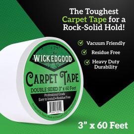 WickedGood Double Sided Carpet Tape for Area Rugs – Heavy Duty Rug Tape with Strong Adhesive to Prevent Sliding, No Residue Removal, for Indoor and Outdoor Use, Vacuum Friendly (3" x 60ft, White)
