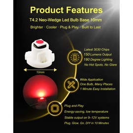 ASACEXU - Paquete de 10 bombillas LED T4.2, color rojo, 10 mm, Neo Wedge Instrument Cluster, luz de control climático para luces de salpicadero, HVAC, panel de CA, indicadores, chip 3030 regulable