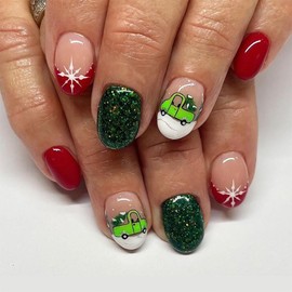 Christmas Press on Nails Almond Fake Nails French False Nails Christmas Tree Snowflake Stick on Nail Red Green Glue on Nail with Glitter Design Glossy Full Cover Artificial Nail for Women Girl 24Pcs