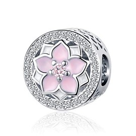 SBI Jewelry Pink Flower Charm for Bracelets Sparkling Blossom Women Bead Pendant Gift for Women Sister Mom Grandma Auntie Cousin Birthday