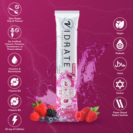 Electrolytes Powder - Hydration Sachets Packed with Vitamins - Zero Sugar Rehydration Sachet with No Artificial Sweeteners & Preservatives by ViDrate - Mixed Berry Small Pack, 8 Electrolytes Sachets