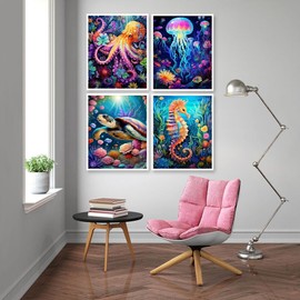 Mowana Diamond Painting Kits for Adults - 4Pack Sea Animals Diamond Art Kits for Adults Beginners, 5D DIY Full Drill Round Gems Art Crafts for Gift and Home Wall Decor (11.8x15.7inch)