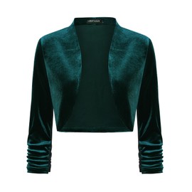 MINTLIMIT Women's Ruched 3/4 Sleeve Velvet Shrug for Dresses Cocktail Party Open Front Cropped Bolero Cardigans Top (Dark Green - Size M)