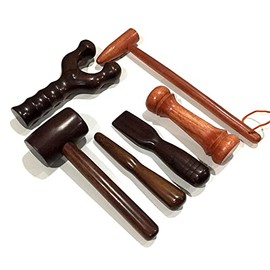 Pack 6 Hammer, Center-Punch, Chisel, Bident, Dumbbell, Long Percussion, Tok Sen Wedge Massager Wooden Tool Deep Tissue Therapy Toksen Massage Trigger Point Back Muscle Foot Stamp Wood Thailand