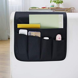 MDSTOP 5 Pockets Remote Control Holder, Magazine Rack, Space Saver Organizer, Draped Over Sofa, Couch, Recliner Armrest((Black-Twill)