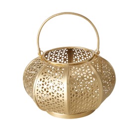 Chubby Belly Candle Lantern, Moroccan, Metal, Daisy Lattice Work, Hurricane for Votives and Tea Lights, Gold, 6.25 D x 4.25 H Inches