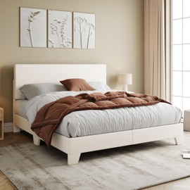 Allewie Full Size Bed Frame with Adjustable Headboard, Faux Leather Platform Bed with Wood Slats, Heavy Duty Mattress Foundation, No Box Spring Needed, Noise-Free, Easy Assembly, White