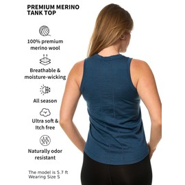 Merino Wool Tank Top Women - Active Merino Wool Undershirt Moisture Wicking Breathable Anti-Odor Lightweight Base Layer (Large, Denim Tank)