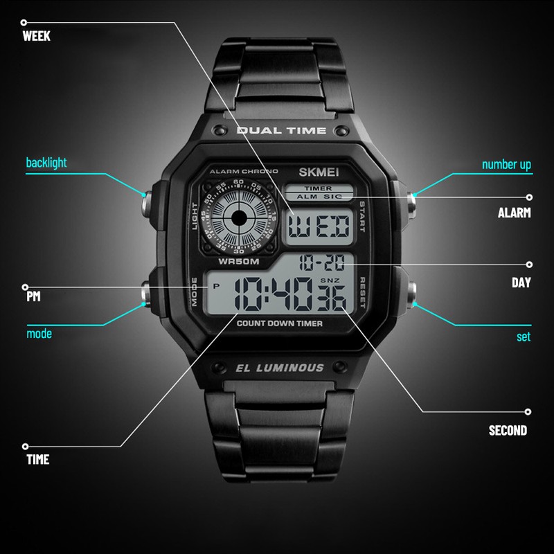 Men Digital Watch Stopwatch Countdown Alarm Luminous Watch