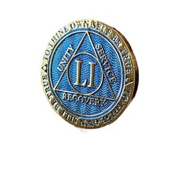 51 Year AA Medallion Glossy Reflex Blue Gold Plated Serenity Prayer Sobriety Chip