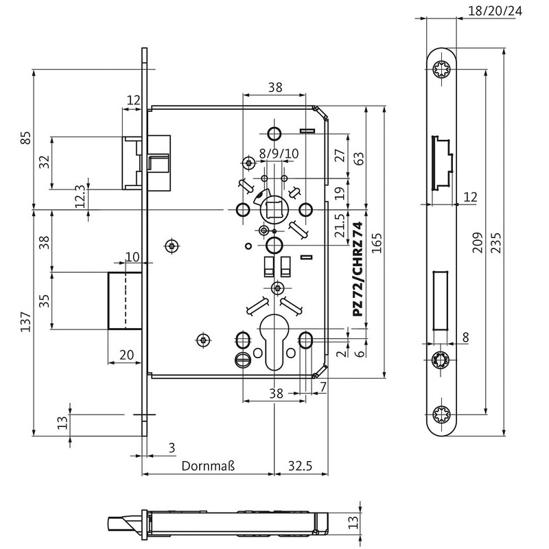 BKS Mortise Lock 0615 PZ 65 mm DIN Left 20