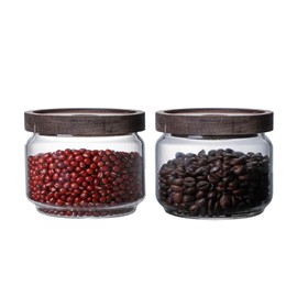 PENGSHU 2pcs Airtight Glass Jars - Kitchen Storage Jar with Natural Wooden Lids, Ideal for Pantry or Retail Display Use, for Cereal, Coffee Beans, Sourdough Starter, Oats (12floz/350ml)