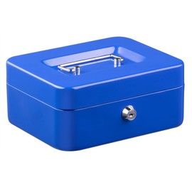 Jazooli Heavy Duty Metal Cash Money Coin Box Bank Deposit Steel Tin Security Safe Petty 2 Keys Lock Lockable Jewellery Passports Documents Security Case, Blue, 8”