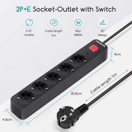 Aigostar 5-Way Power Strip with Switch, Multiple Socket with Child Lock, Distribution Socket with 5 m Cable, Black