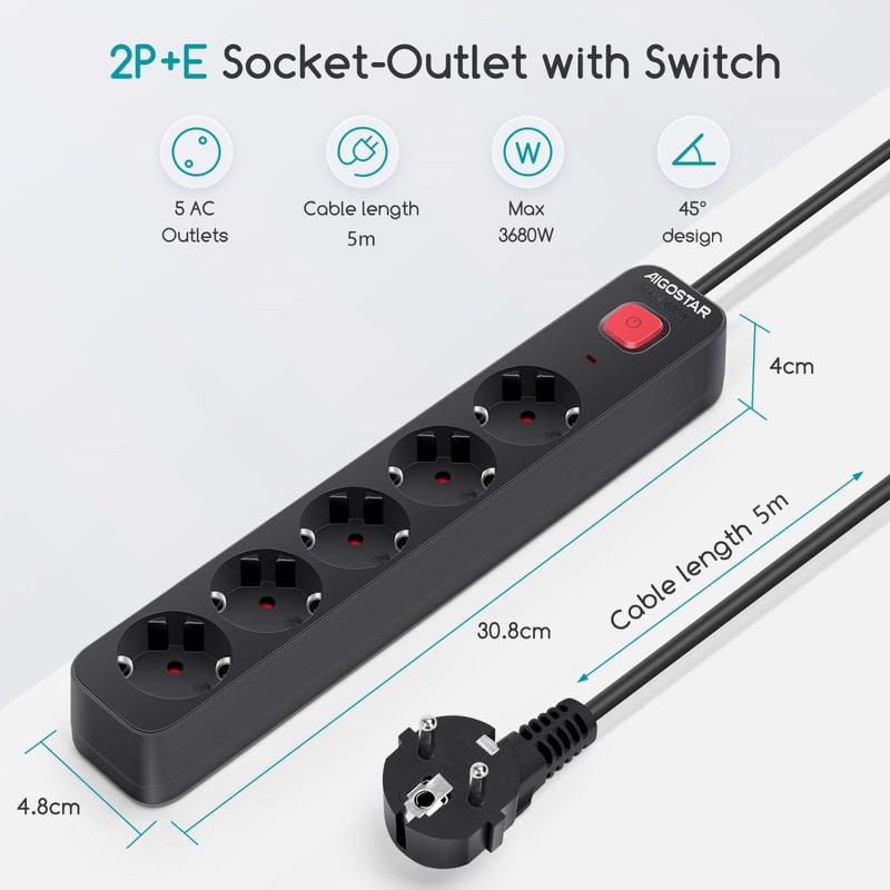 Aigostar 5-Way Power Strip with Switch, Multiple Socket with Child