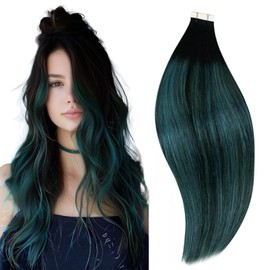 RUNATURE Tape in Hair Extensions Human Hair Black Balayage Tape in Human Hair Extensions 12 Inch Invisible Tape ins Hair Extensions 20pcs 30g Balayage Black with Teal Tape in Extensions Human Hair