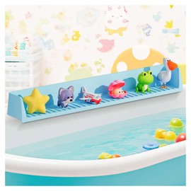 snuggery Bathtub Splash Guard for Kids, 2.64FT Extra-Wide Splash Barrier with 17 Suction Cups & Toy Shelf - Flexible Silicone Tub Ledge Organizer for Bathroom Safety and Dry Floors, (Blue)