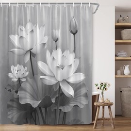 Lotus Shower Curtain Elegant Black White Grey Flowers Leaves Traditional Orient Floral Nature Plant Polyester Fabric Bathroom Decor 70×70 Inch with Hook