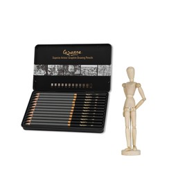 Cezanne Graphite Art Pencil Set w/ 8" Posing Manikin 13 Piece Set – Professional Quality for Sketching and Drawing Break Resistant Leads Triple Coated Barrel (H HB B 2B 3B 4B 5B 6B 8B 10B 12B)