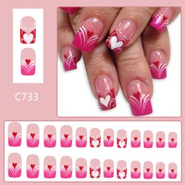 Valentine's Day Press on Nails Medium Square Fake Nails with Heart Designs Pink French Tip Nails Press ons Glossy Glue on Nails Nude False Nails Valentines Stick on Nails for Women 24Pcs