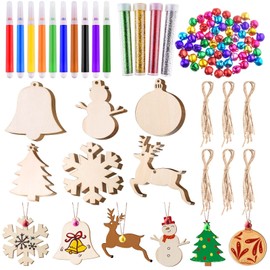 TUPARKA 60pcs Christmas Wooden Ornaments Unfinished Wooden Slices with Twine,Colorful Bells,Flashing Powder,Watercolor Pen for for Kids DIY Crafts Christmas Hanging Decoration