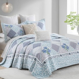 FineStichery 100% Cotton Oversized Quilt Bedspread 120"x120", Lightweight King Bedspreads Coverlets, Extra Large Floral Quilt, Quilted Reversible Bedding Cover, 3 Piece, Blue