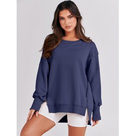 ANRABESS Women's Oversized Sweatshirts Crew Neck Long Sleeve Shirts Casual Loose Slit 2025 Fall Clothes Navy Blue L