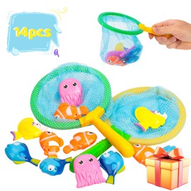 XIAOYANGKEJI 14 Piezas Juguetes de Baño para Niños, Juguete de Pesca Incluye 2 Redes de Pesca, Juguetes de Agua para Bañera para Niños para Shower,...