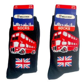 Souvenirs 2 Pairs Men’s London Socks – UK Size 6-11 – Black Crew Socks with Union Jack & London Bus Design – British Gift for Tourists & Travelers