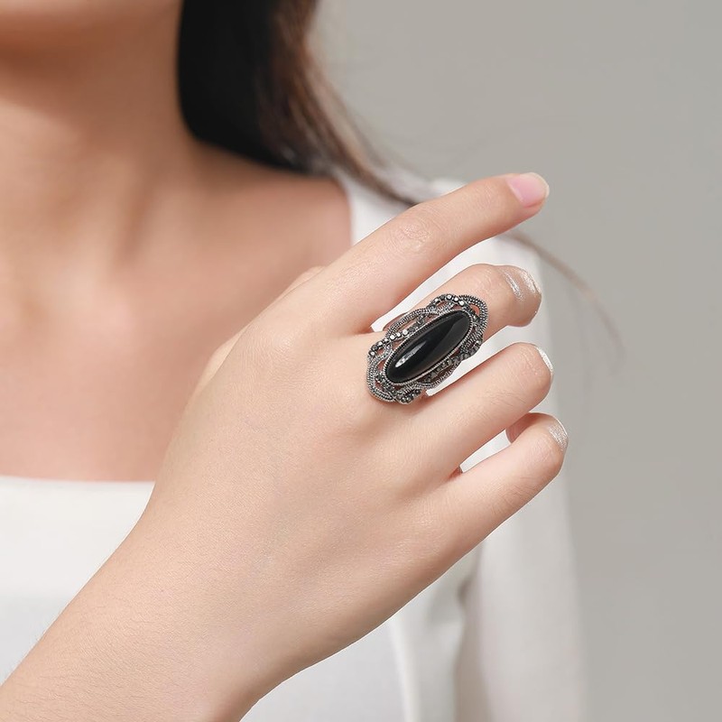 Rhodium Plated Large Black Stone Statement Rings for Women Size