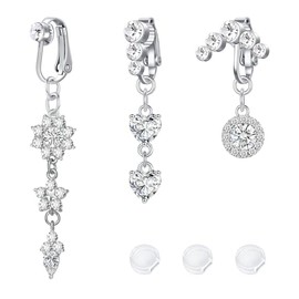 LAURITAMI Fake Belly Button Piercing Faux Belly Piercing CZ Heart Butterfly Pendant No Piercing Clip On Belly Button Pack of 3, Stainless Steel