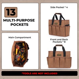 Tool Bag 16 oz. Waxed Canvas Tool Bag Large Capacity Tool Storage Tote comes with a Main Compartment and 12 Exterior Pockets for Wrenches, Scissors, Hammers or a set of Garden Tools and More - Khaki