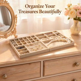 Toyosport 8 Pcs Jewelry Drawer Organizers, Velvet Jewelry Trays for Drawer, Stackable Jewelry Trays, Ideal for Rings, Earrings, Bracelets, Necklaces, Beige
