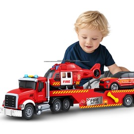 Bstoyder Toddler Boy Toys for 3 4 5 6 7 Years Old Kids, 21" Semi Fire Truck Toy with Racing Car and Helicopter, Friction Powered Toys with Lights and Sounds, Birthday for Boy Girls