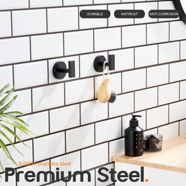 AONEON Robe Hook Matte Black Bath Towel Hooks Stainless Steel Wall Hooks for Bathroom Kitchen Closet Garage Door Hanger 2 Pack, AN1001MB-P2