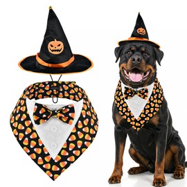 ShuRung - Disfraz de perro de maíz de caramelo, esmoquin ajustable con sombrero de bruja negro, disfraz de Halloween para cachorros, disfraces de Halloween, carnaval, disfraces temáticos para gatos