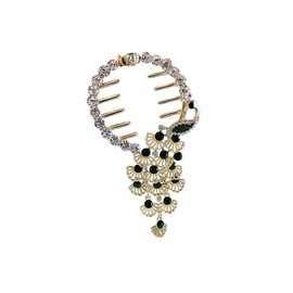 Women Ponytail Buckle, Headdress Hair Clip Fish Tail Ponytail Holder Tassel Rhinestone Pearl Hair Grip Clip (Green, One Size)