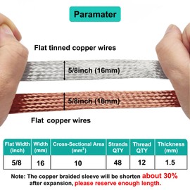 3.28ft 5/8 inch Flat Copper Braided Ground Strap Wire Sleeve Expandable Shielding Wire Mesh with Rings Terminal for Ground Protection Cable