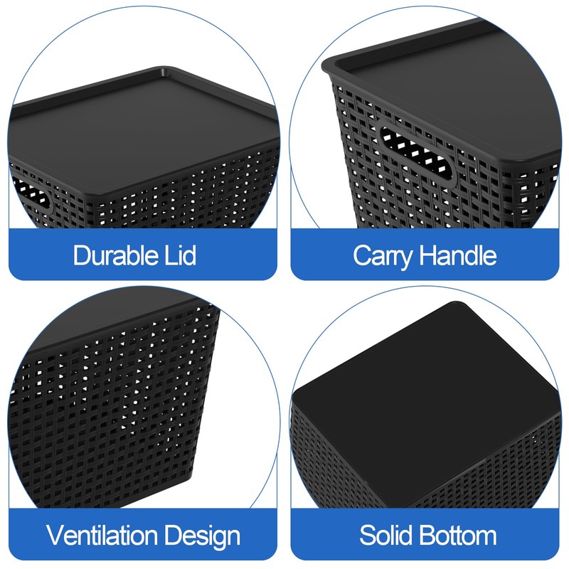 Innouse Plastic Organizing Baskets with Lids, Black Woven Storage Baskets,