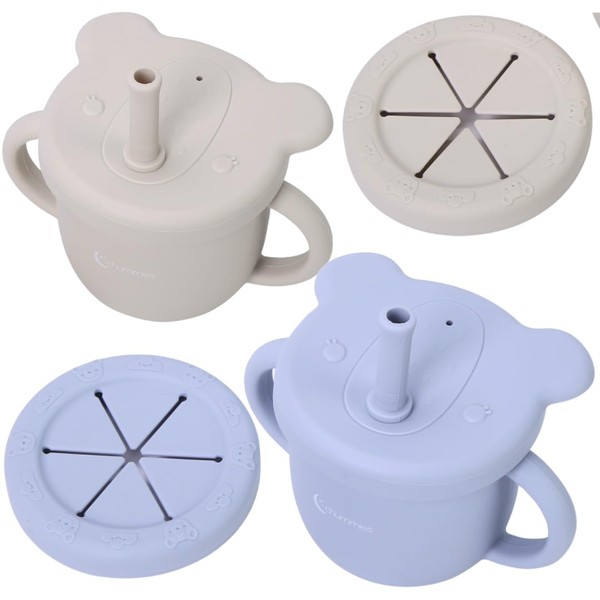 Chummies | Juego de taza de bebe | taza de entrenamiento | incluye 2 vasitos, 2 popotes, 4 tapas y cepillo limpiador de popote (Azul y Gris)