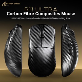 ATTACK SHARK R11 Ultra 8K Carbon Fiber Wireless Gaming Mouse with 42000 DPI-PAW3950 MAX Sensor-49g Lightweight,Nordic 52840 MCU Chip,Wired/BT/2.4Ghz Programmable,RGB Coiled Cable for PC(Black Wave)