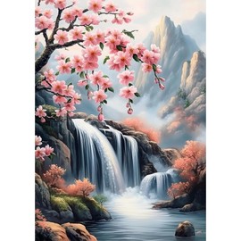MEIYUDA Diamond Painting Adult Diamond Pictures Waterfall and Flowers, 5D DIY Diamond Painting Pictures, Diamond Painting Set, Craft Set Adults Children Painting for Home Wall Decor 30 x 40 cm