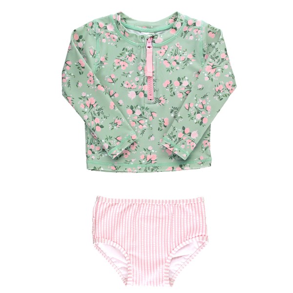 RuffleButts Long Sleeve Zipper Rash Guard - 2-Piece - Tea
